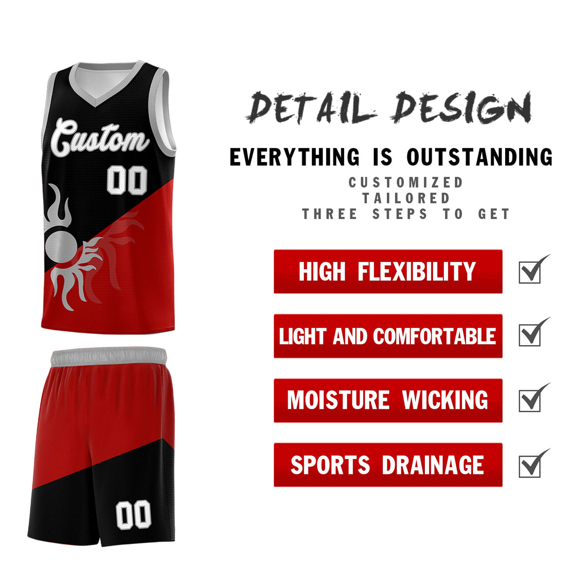 Custom Youth Basketball Jerseys - Black Red Sunburst Design Two Tone Uniforms