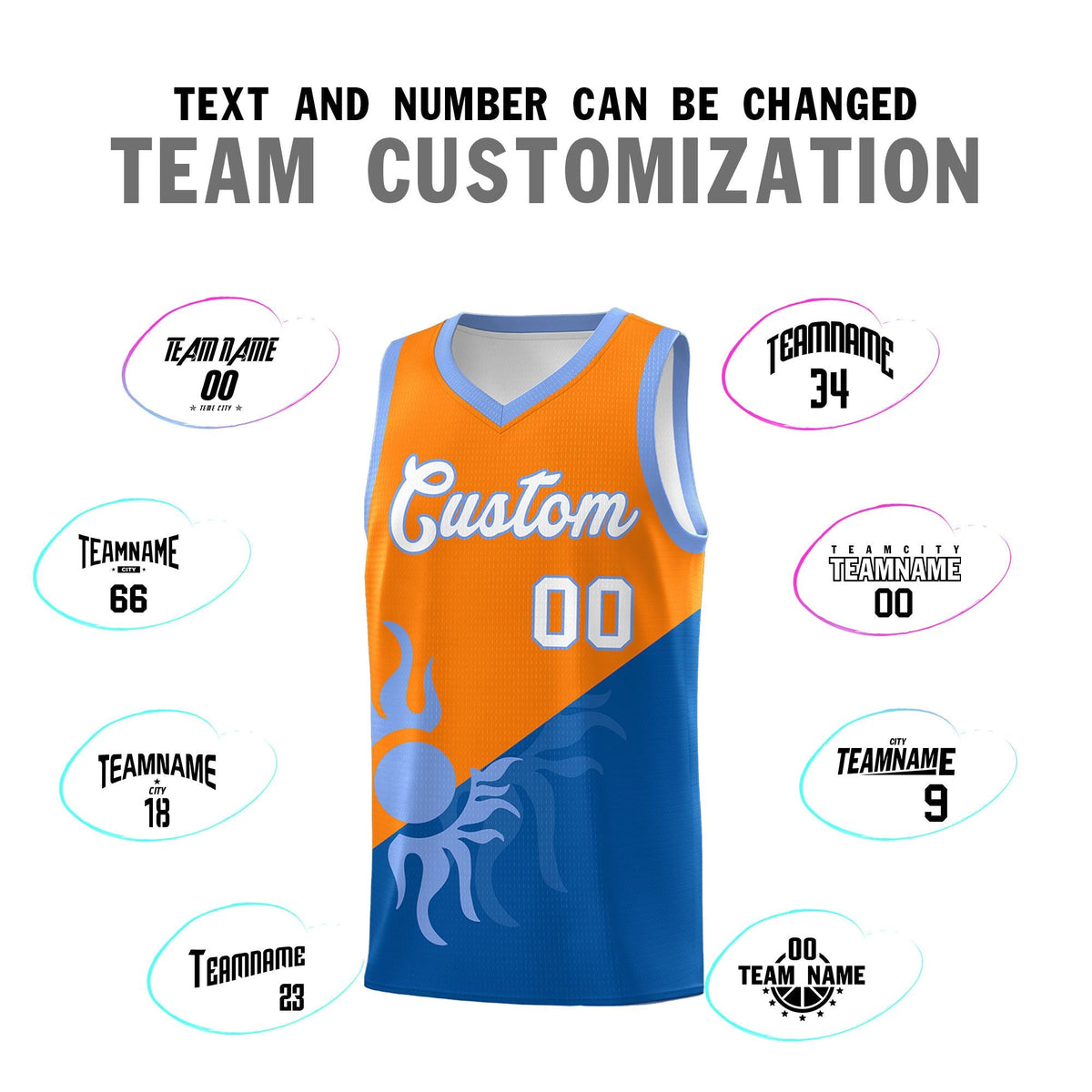 Custom Youth Basketball Jerseys - Royal Orange Sunburst Design Two Tone Uniforms