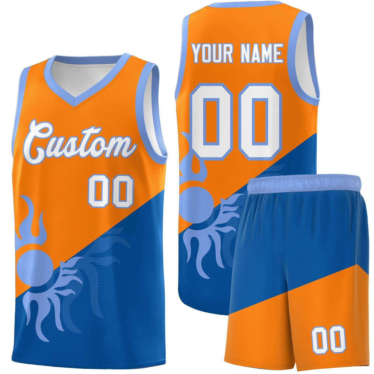 Custom Youth Basketball Jerseys - Royal Orange Sunburst Design Two Tone Uniforms
