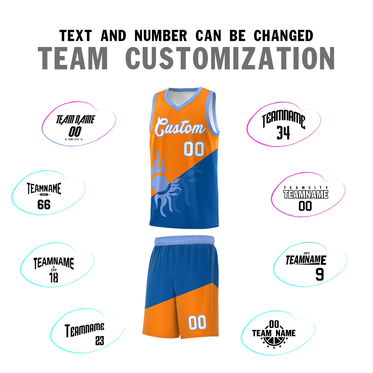 Custom Youth Basketball Jerseys - Royal Orange Sunburst Design Two Tone Uniforms