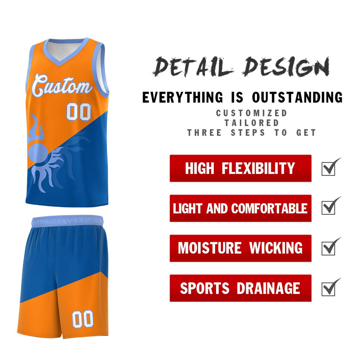 Custom Youth Basketball Jerseys - Royal Orange Sunburst Design Two Tone Uniforms