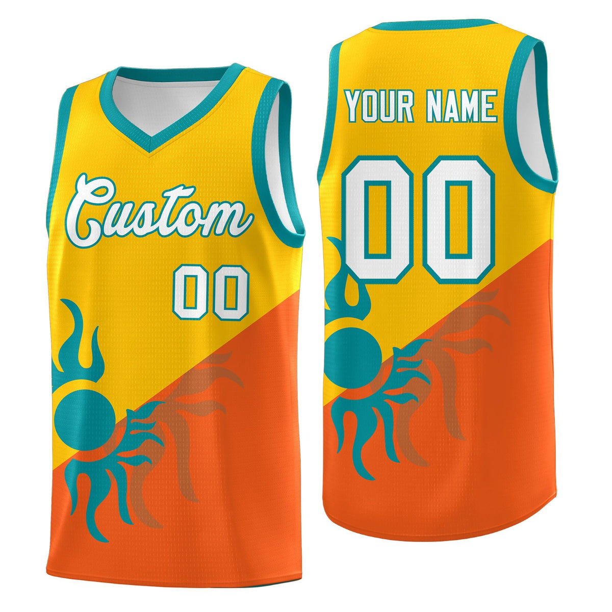 Custom Youth Basketball Jerseys - Yellow Orange Radiant Sun Design Two Tone Uniforms