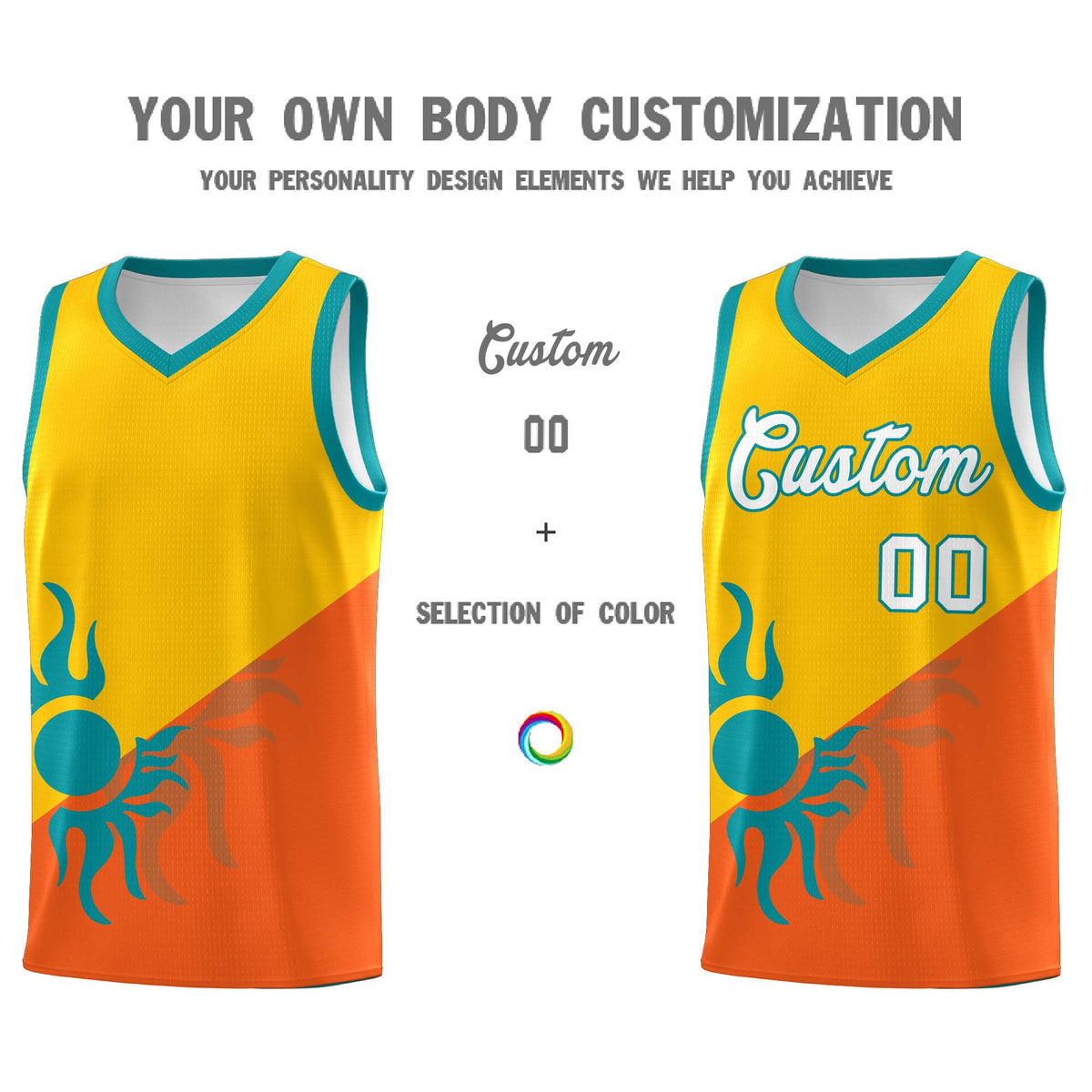 Custom Youth Basketball Jerseys - Yellow Orange Radiant Sun Design Two Tone Uniforms