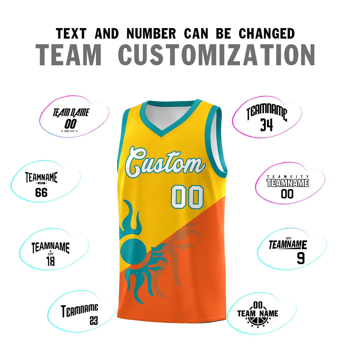 Custom Youth Basketball Jerseys - Yellow Orange Radiant Sun Design Two Tone Uniforms
