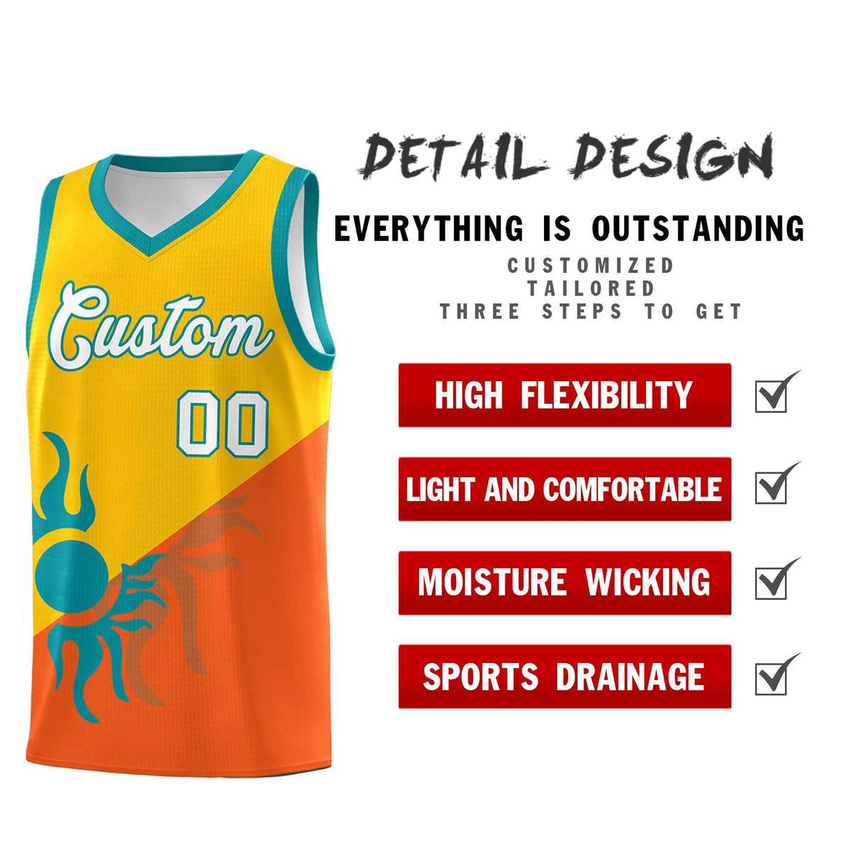 Custom Youth Basketball Jerseys - Yellow Orange Radiant Sun Design Two Tone Uniforms