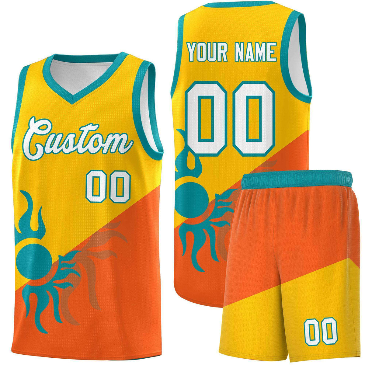 Custom Youth Basketball Jerseys - Yellow Orange Radiant Sun Design Two Tone Uniforms