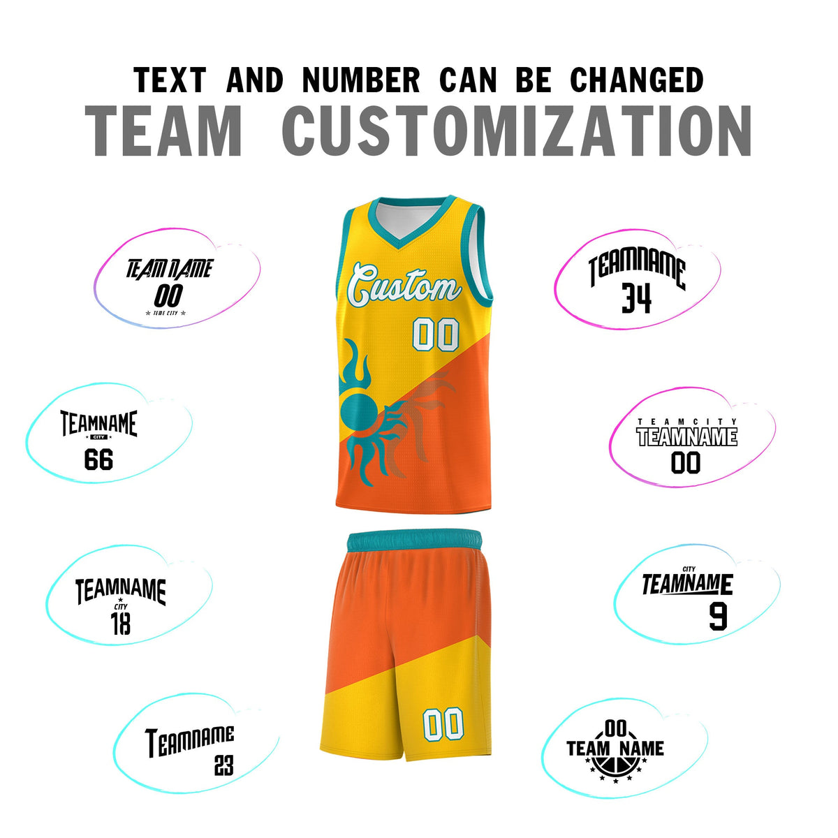 Custom Youth Basketball Jerseys - Yellow Orange Radiant Sun Design Two Tone Uniforms
