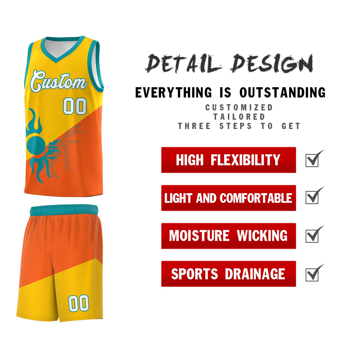 Custom Youth Basketball Jerseys - Yellow Orange Radiant Sun Design Two Tone Uniforms
