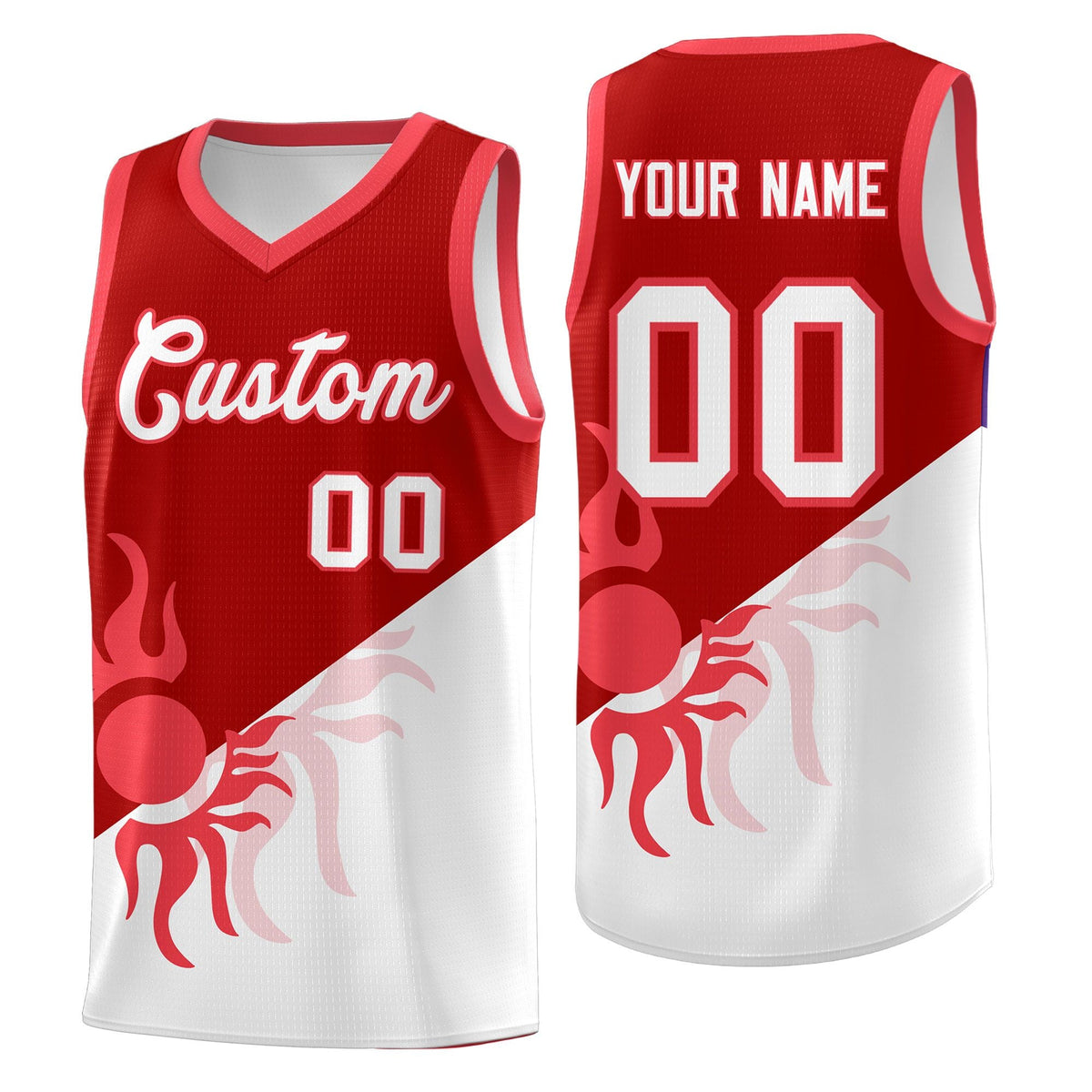 Custom Youth Basketball Jerseys - Red White Sunburst Design Two Tone Uniforms