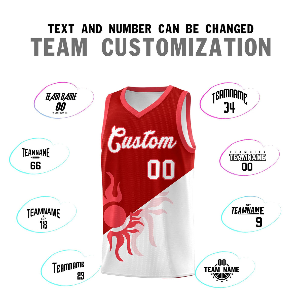 Custom Youth Basketball Jerseys - Red White Sunburst Design Two Tone Uniforms