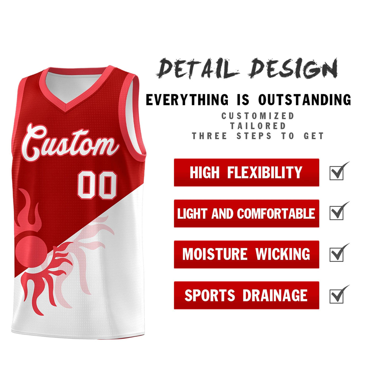 Custom Youth Basketball Jerseys - Red White Sunburst Design Two Tone Uniforms