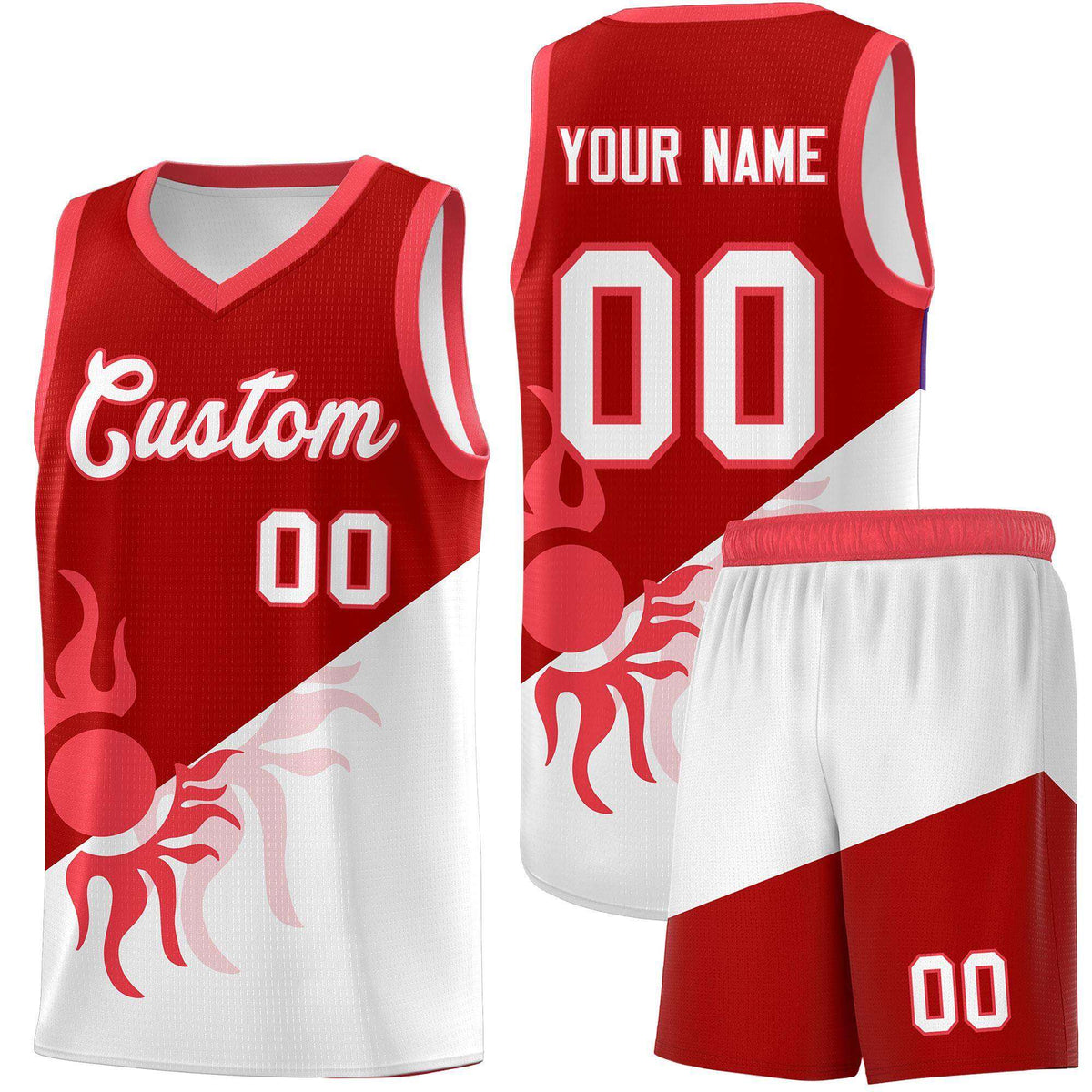 Custom Youth Basketball Jerseys - Red White Sunburst Design Two Tone Uniforms