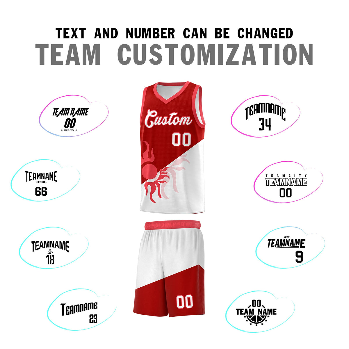 Custom Youth Basketball Jerseys - Red White Sunburst Design Two Tone Uniforms