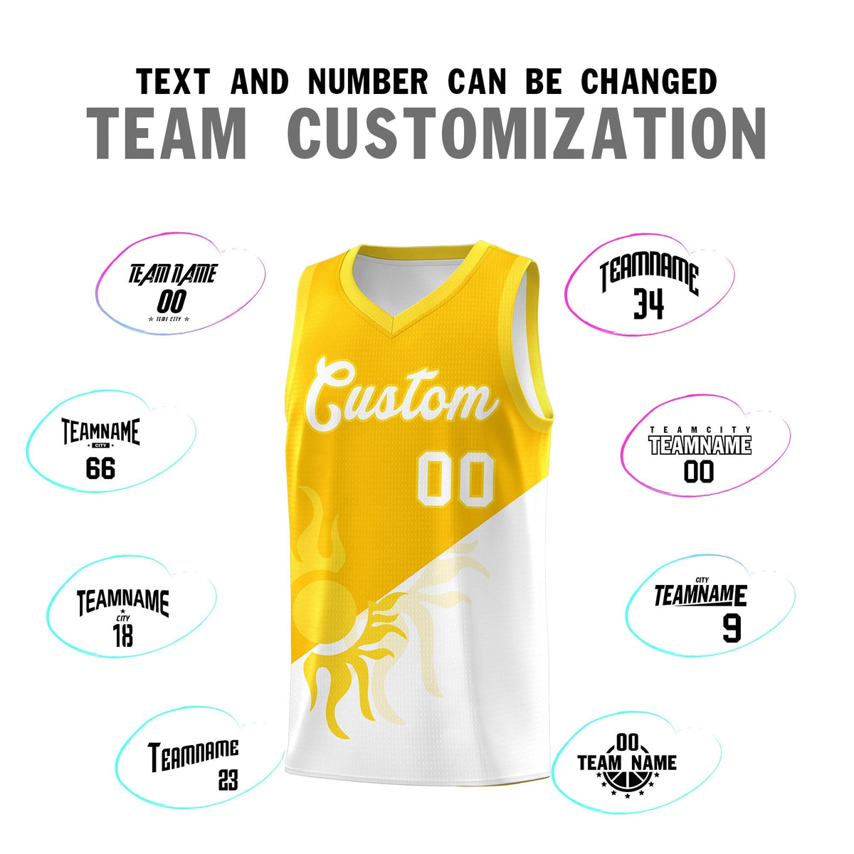 Custom Youth Basketball Jerseys - Yellow White Sunburst Design Two Tone Uniforms