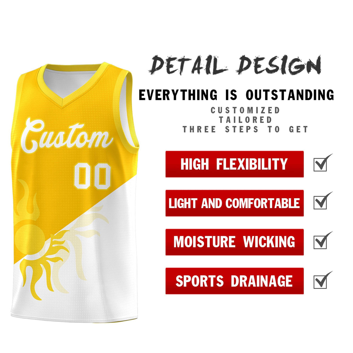 Custom Youth Basketball Jerseys - Yellow White Sunburst Design Two Tone Uniforms
