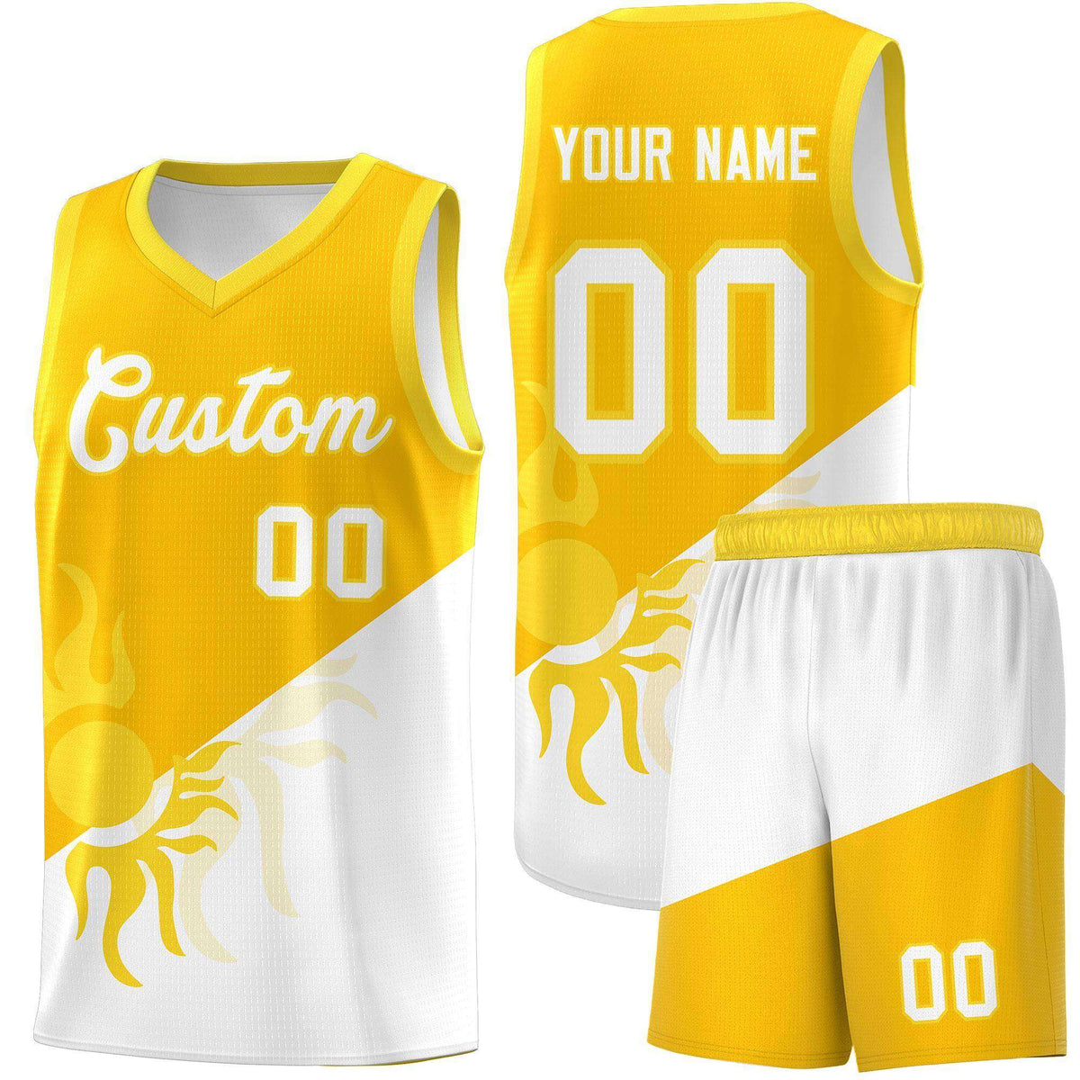Custom Youth Basketball Jerseys - Yellow White Sunburst Design Two Tone Uniforms