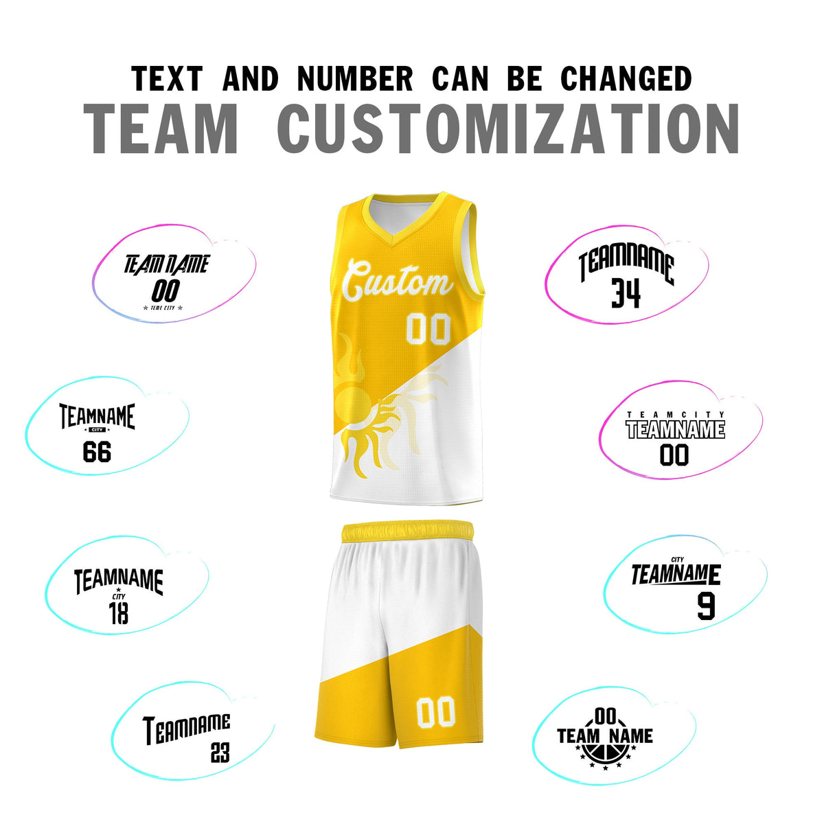 Custom Youth Basketball Jerseys - Yellow White Sunburst Design Two Tone Uniforms