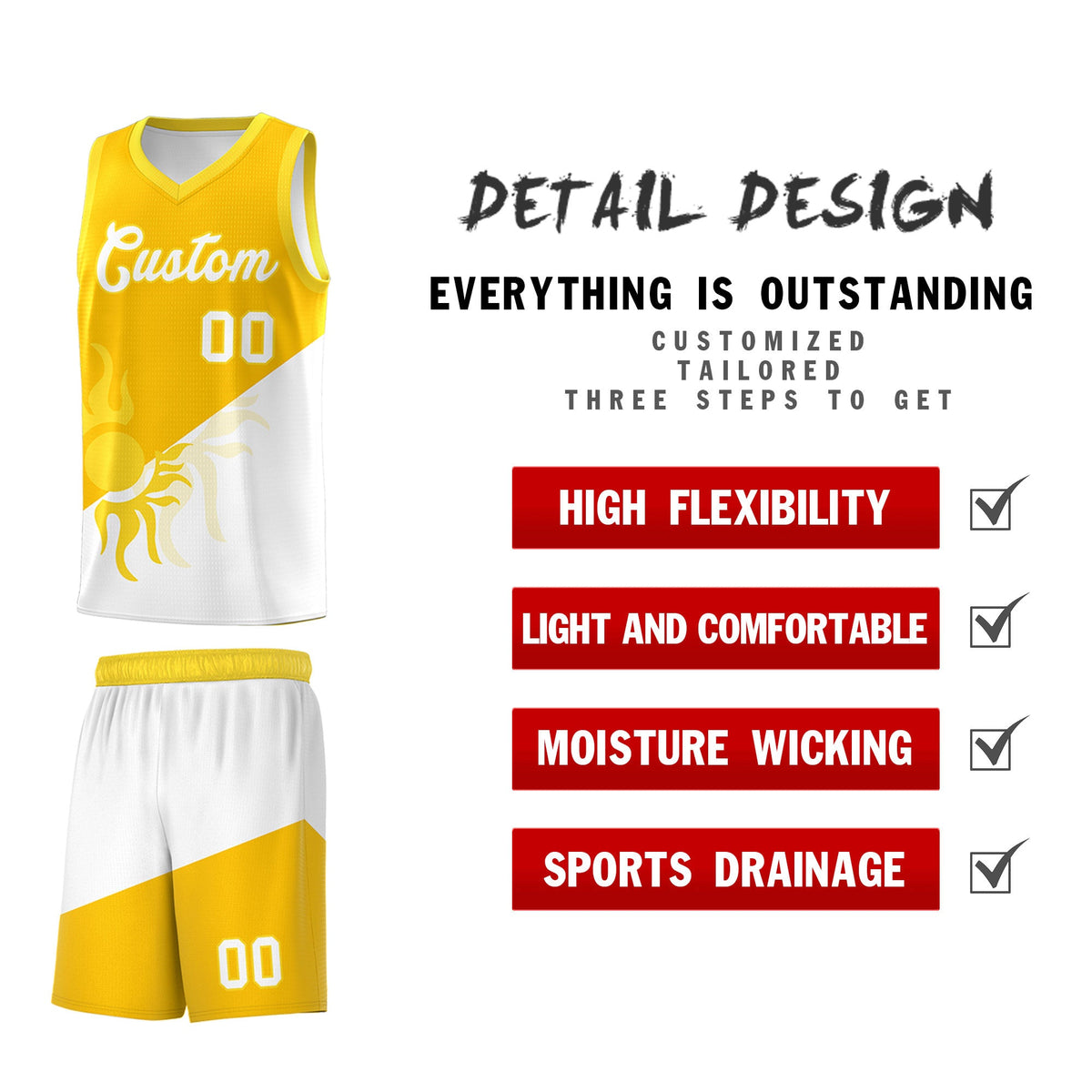 Custom Youth Basketball Jerseys - Yellow White Sunburst Design Two Tone Uniforms