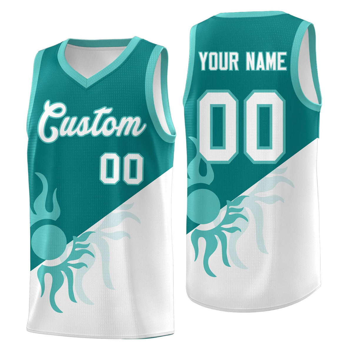 Custom Youth Basketball Jerseys - Teal White Sunburst Design Two Tone Uniforms