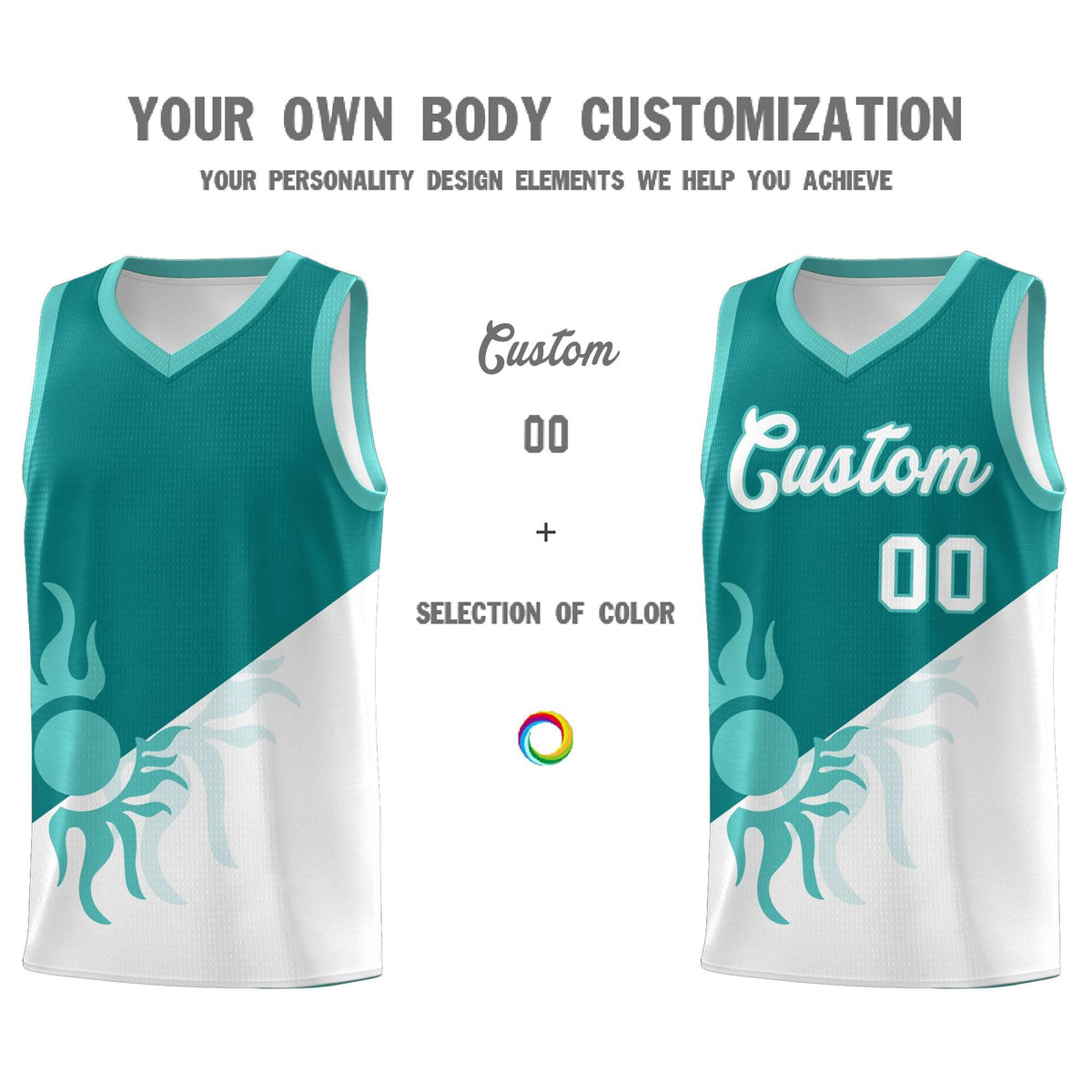 Custom Youth Basketball Jerseys - Teal White Sunburst Design Two Tone Uniforms