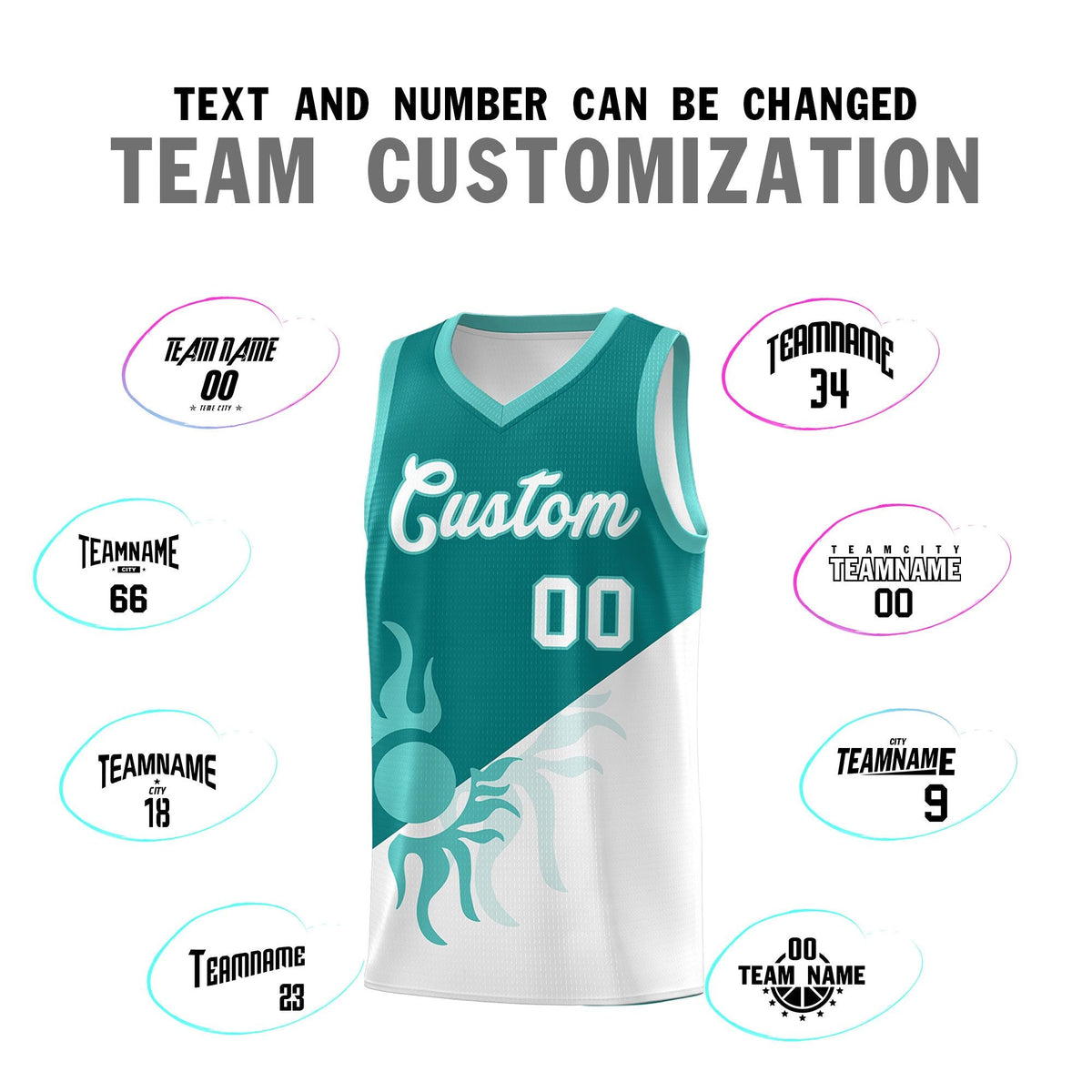 Custom Youth Basketball Jerseys - Teal White Sunburst Design Two Tone Uniforms