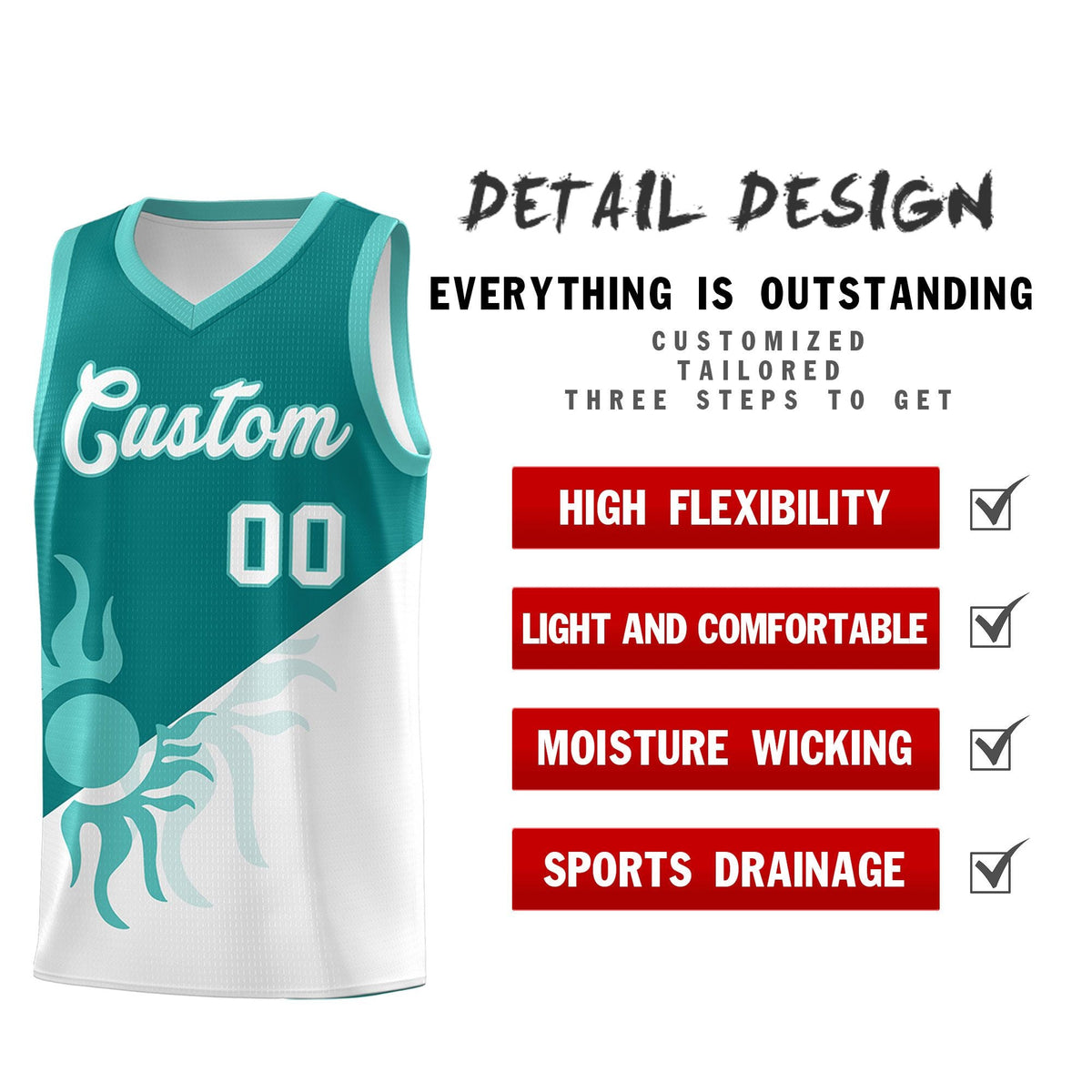 Custom Youth Basketball Jerseys - Teal White Sunburst Design Two Tone Uniforms