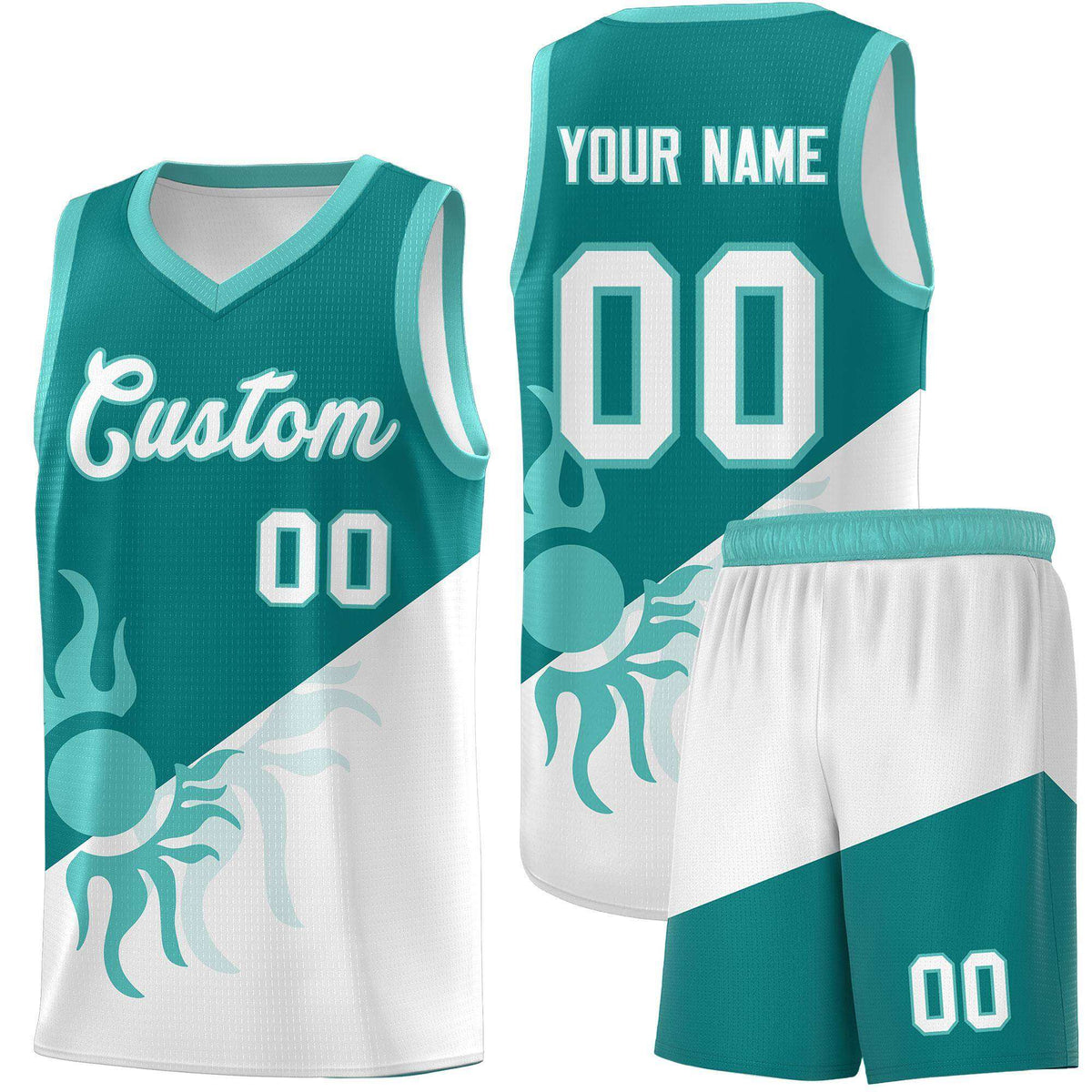Custom Youth Basketball Jerseys - Teal White Sunburst Design Two Tone Uniforms