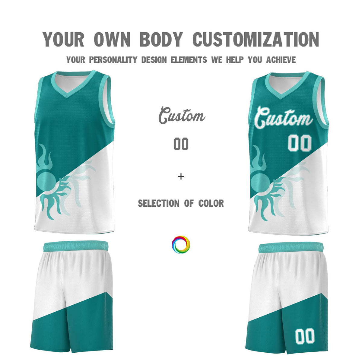 Custom Youth Basketball Jerseys - Teal White Sunburst Design Two Tone Uniforms