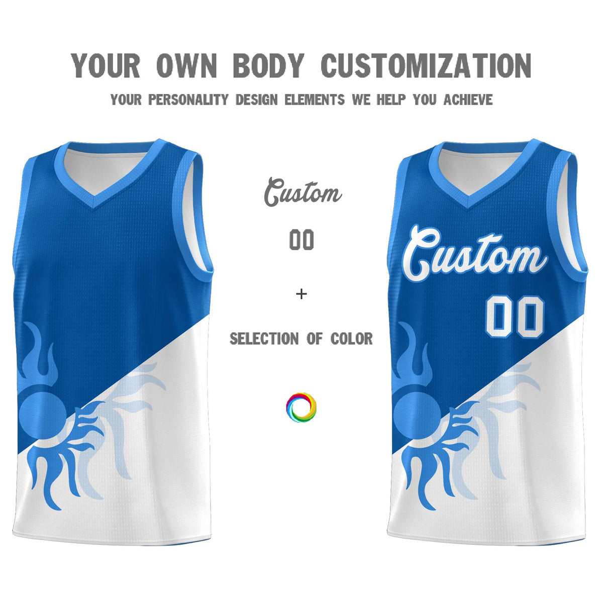 Custom Youth Basketball Jerseys - Royal White Radiant Sun Design Two Tone Uniforms