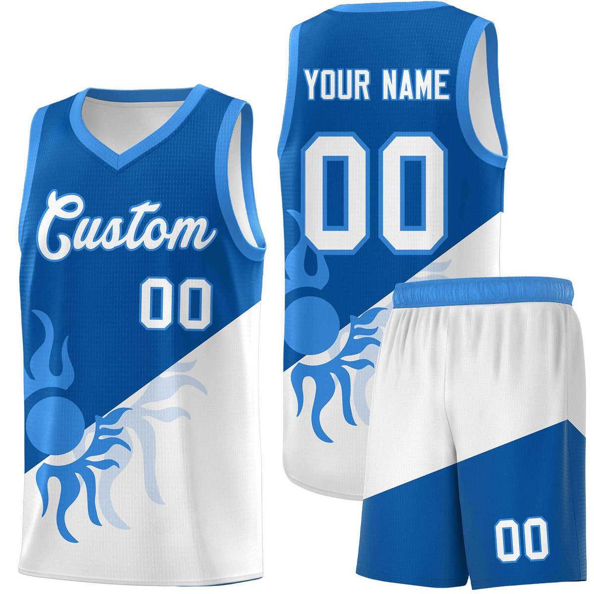 Custom Youth Basketball Jerseys - Royal White Radiant Sun Design Two Tone Uniforms