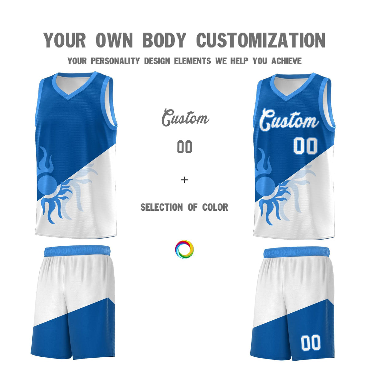 Custom Youth Basketball Jerseys - Royal White Radiant Sun Design Two Tone Uniforms