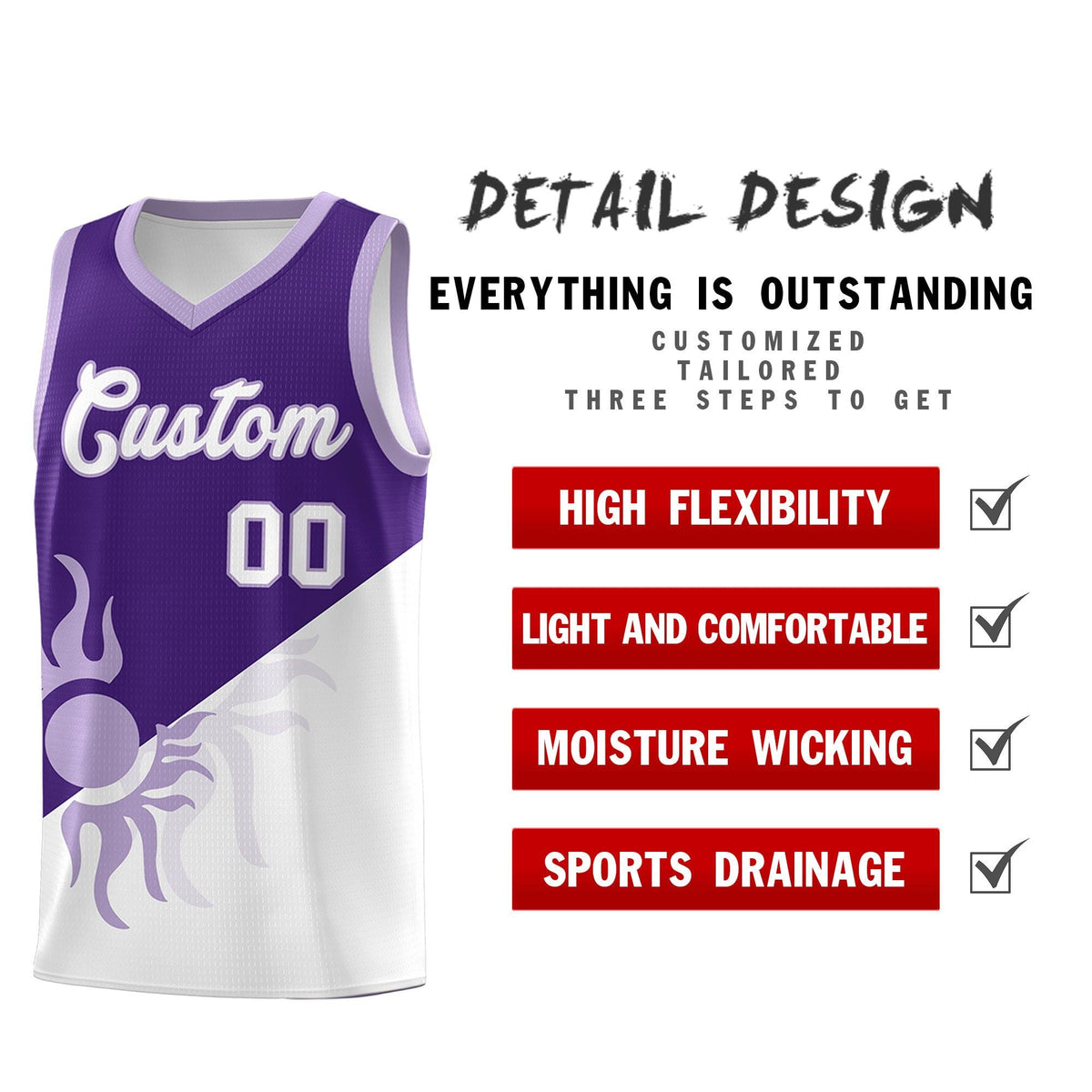 Custom Youth Basketball Jerseys - Purple White Sunburst Design Two Tone Uniforms