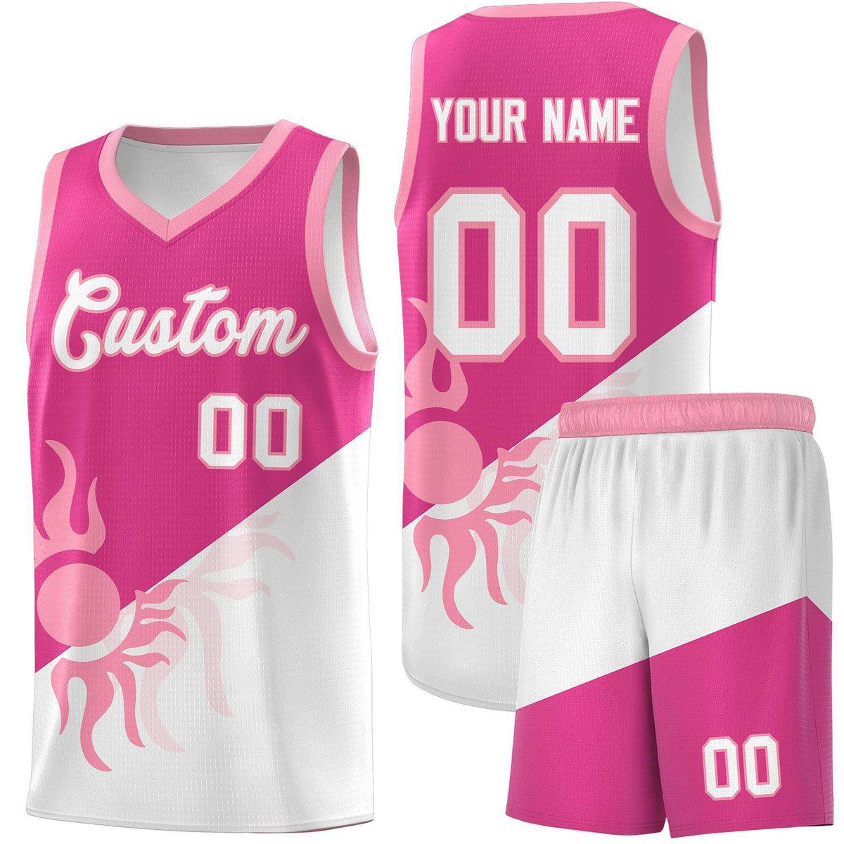 Custom Youth Basketball Jerseys - Rose Red White Radiant Sun Design Two Tone Uniforms