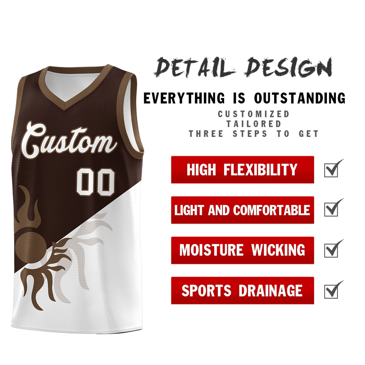 Custom Youth Basketball Jerseys - Brown White Sunburst Design Two Tone Uniforms