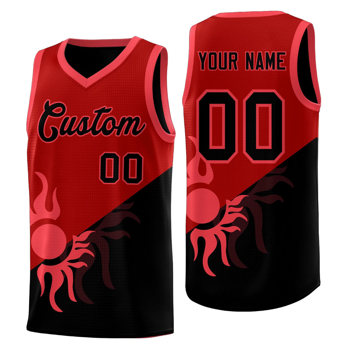 Custom Youth Basketball Jerseys - Red Black Sunburst Design Two Tone Uniforms