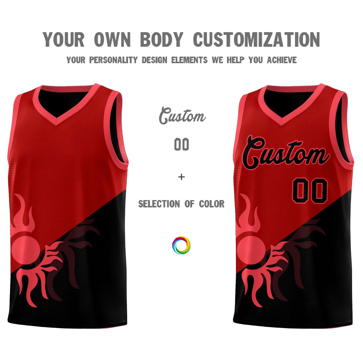 Custom Youth Basketball Jerseys - Red Black Sunburst Design Two Tone Uniforms