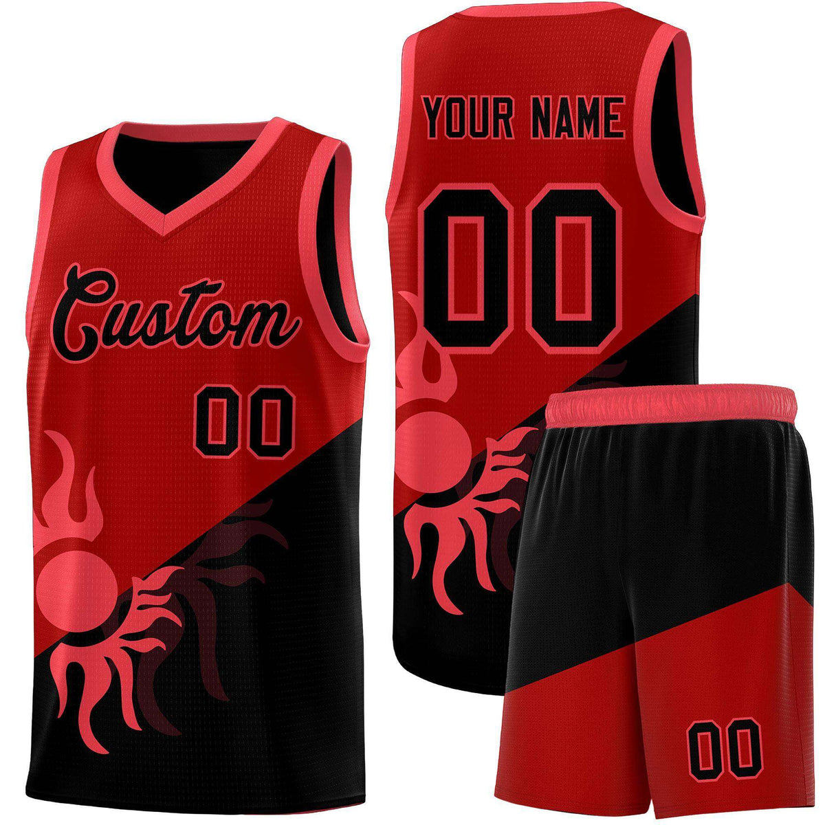 Custom Youth Basketball Jerseys - Red Black Sunburst Design Two Tone Uniforms