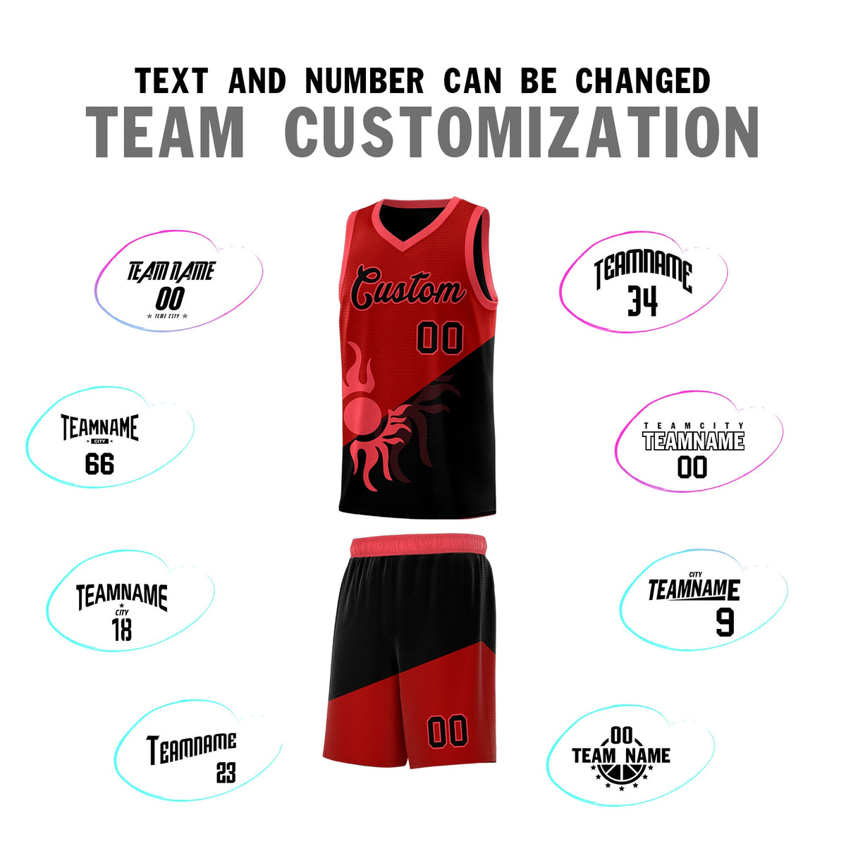 Custom Youth Basketball Jerseys - Red Black Sunburst Design Two Tone Uniforms