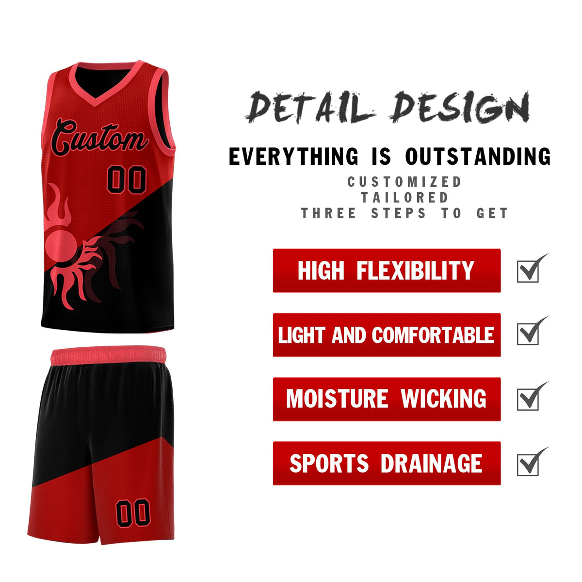 Custom Youth Basketball Jerseys - Red Black Sunburst Design Two Tone Uniforms