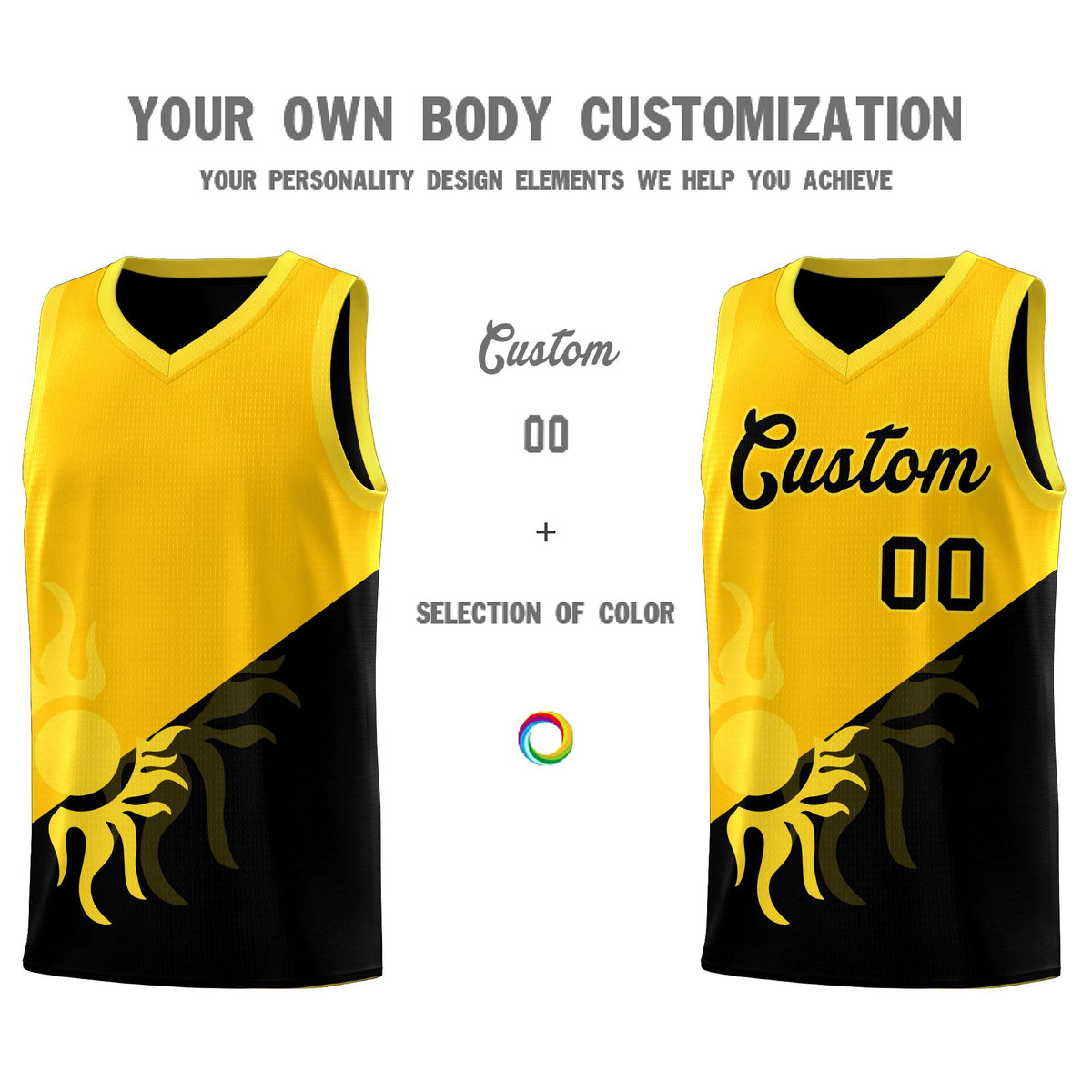 Custom Youth Basketball Jerseys - Yellow Black Sunburst Design Two Tone Uniforms