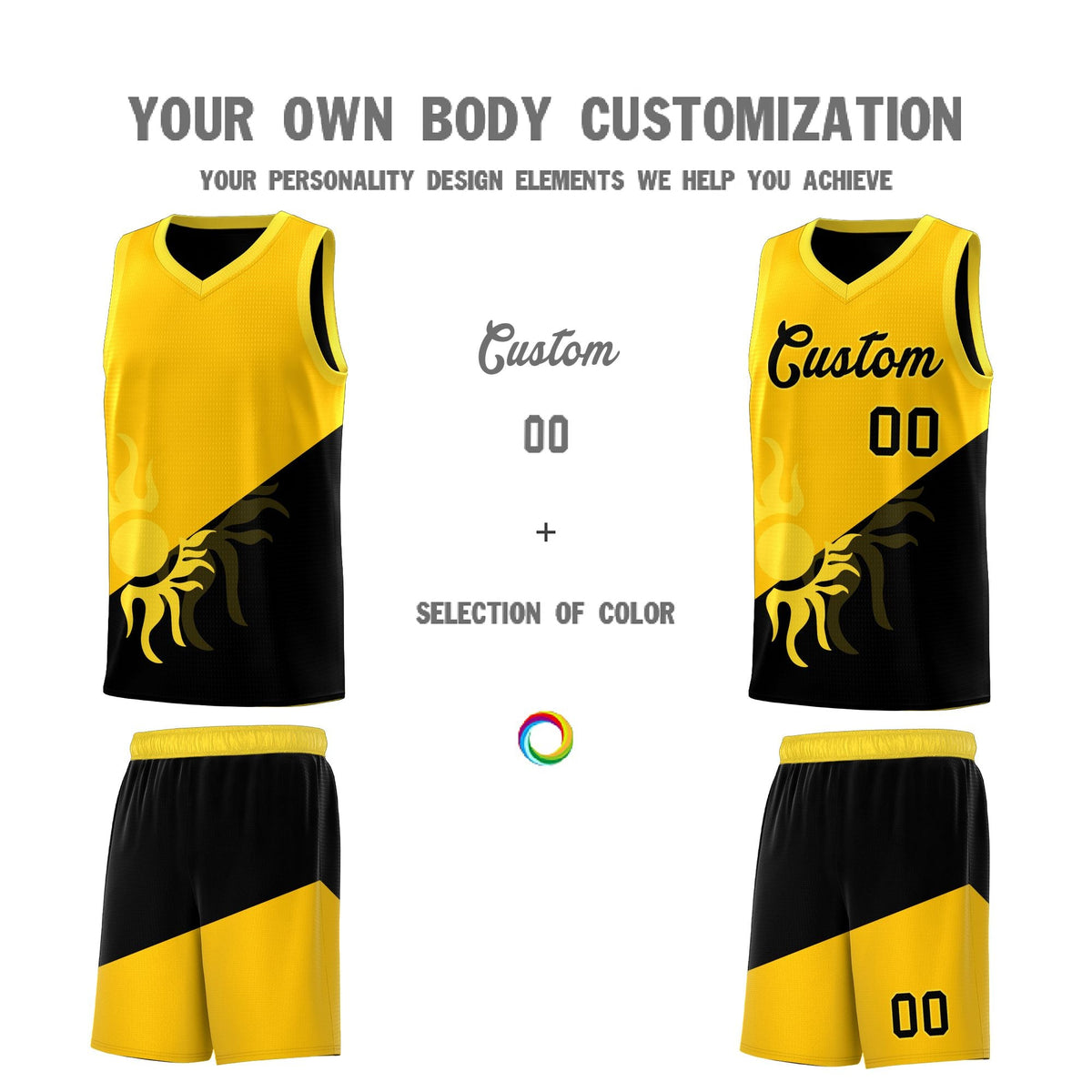 Custom Youth Basketball Jerseys - Yellow Black Sunburst Design Two Tone Uniforms