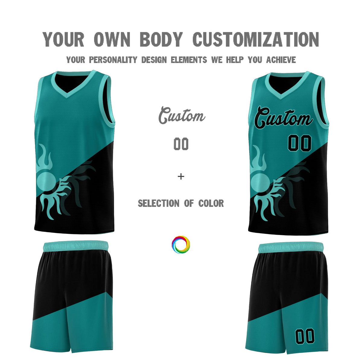Custom Youth Basketball Jerseys - Teal Black Sunburst Design Two Tone Uniforms