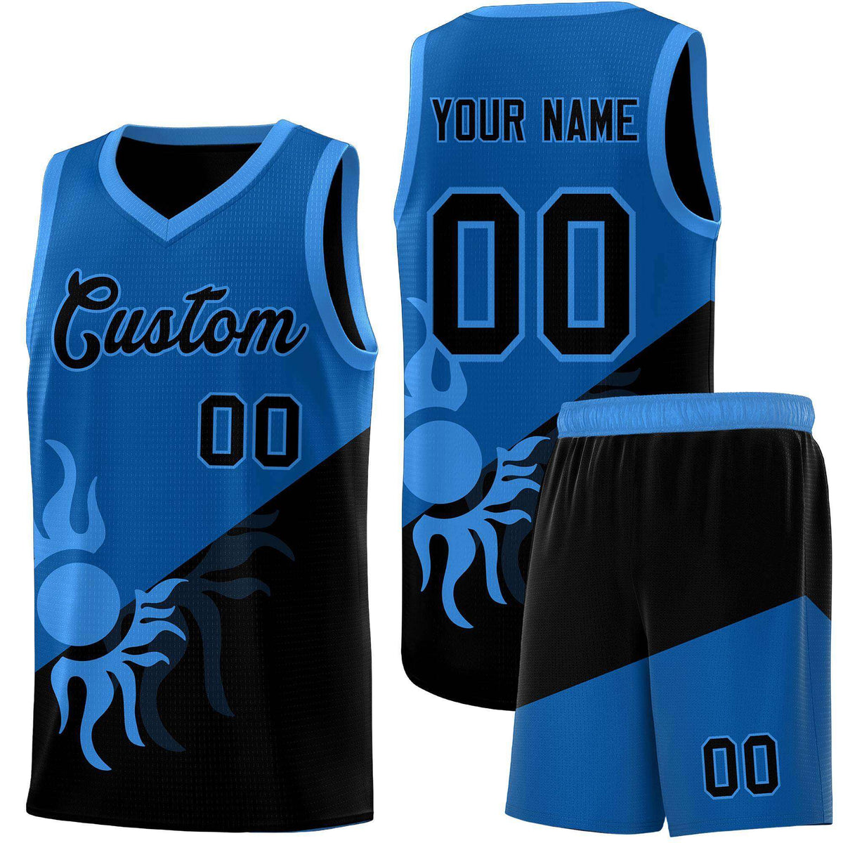 Custom Youth Basketball Jerseys - Royal Black Radiant Sun Design Two Tone Uniforms