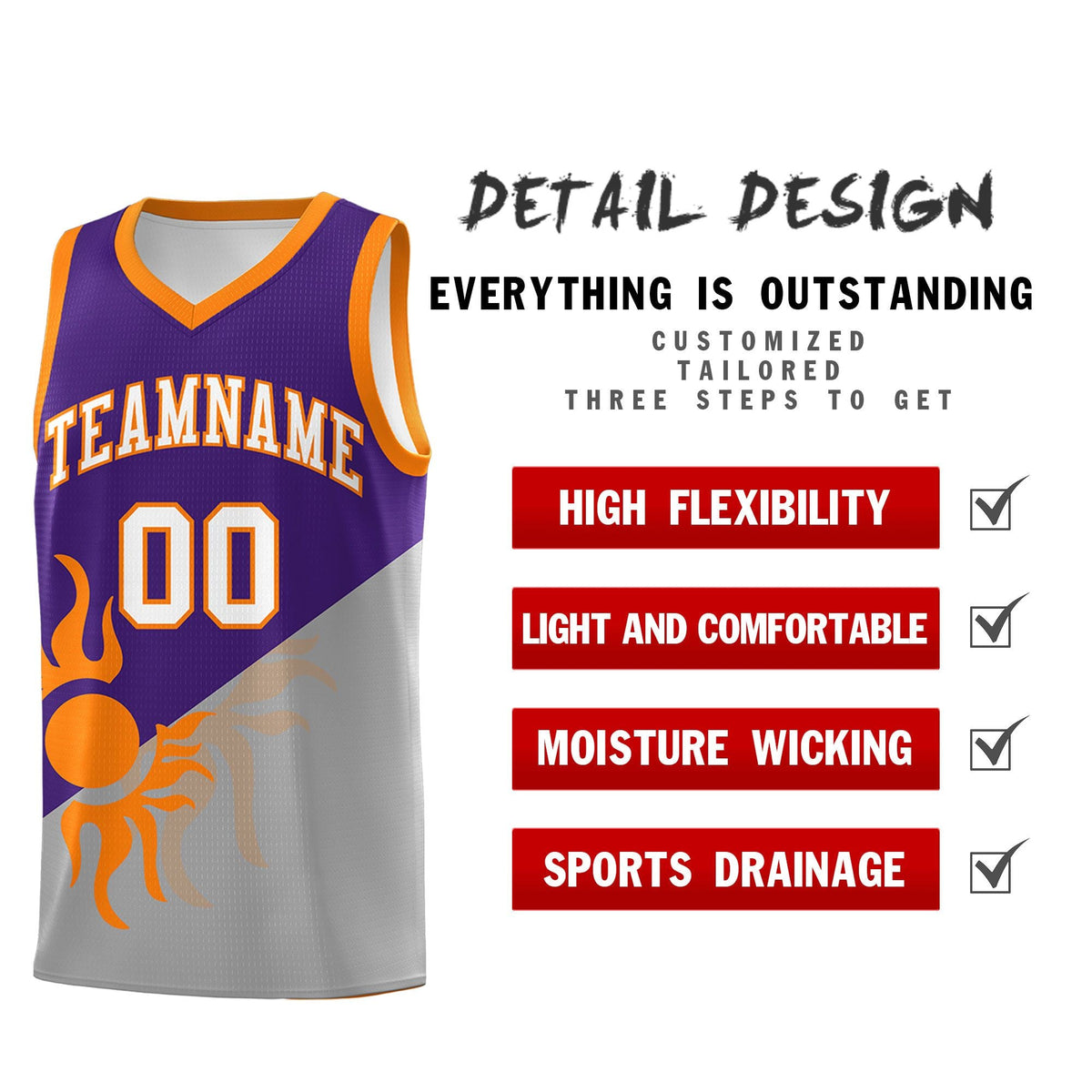 Custom Youth Basketball Jerseys - Purple Gray Sunburst Design Two Tone Uniforms