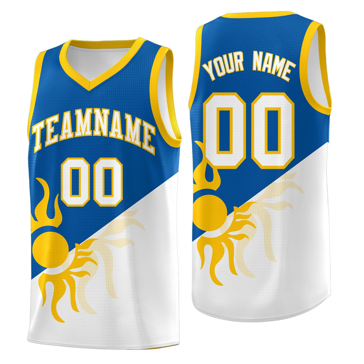 Custom Youth Basketball Jerseys - Royal White Radiant Sun Design Two Tone Uniforms