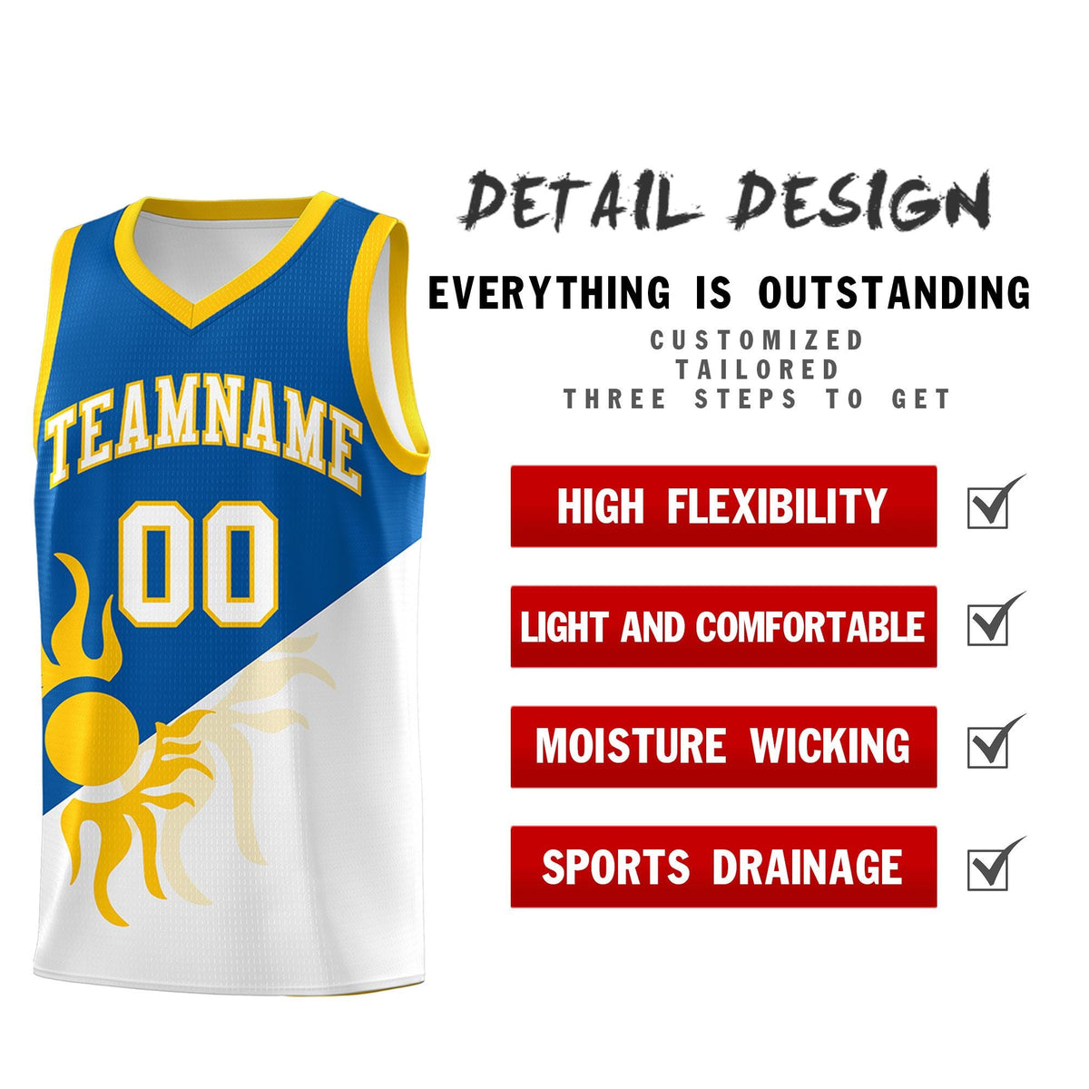 Custom Youth Basketball Jerseys - Royal White Radiant Sun Design Two Tone Uniforms