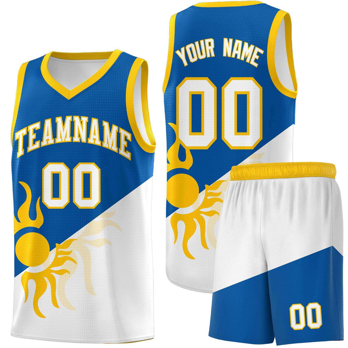 Custom Youth Basketball Jerseys - Royal White Radiant Sun Design Two Tone Uniforms