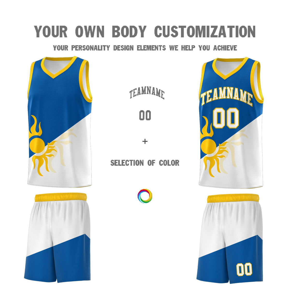 Custom Youth Basketball Jerseys - Royal White Radiant Sun Design Two Tone Uniforms