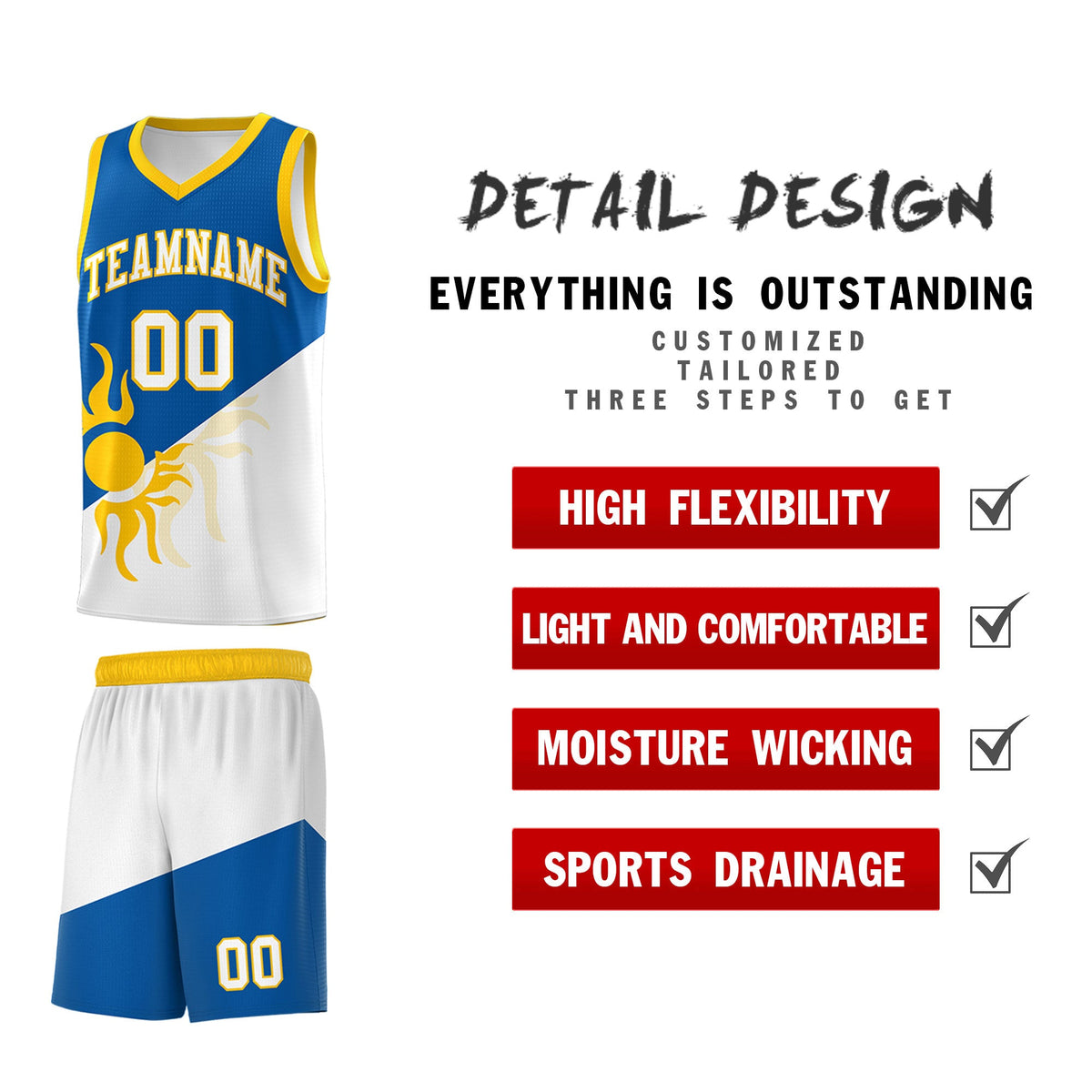 Custom Youth Basketball Jerseys - Royal White Radiant Sun Design Two Tone Uniforms