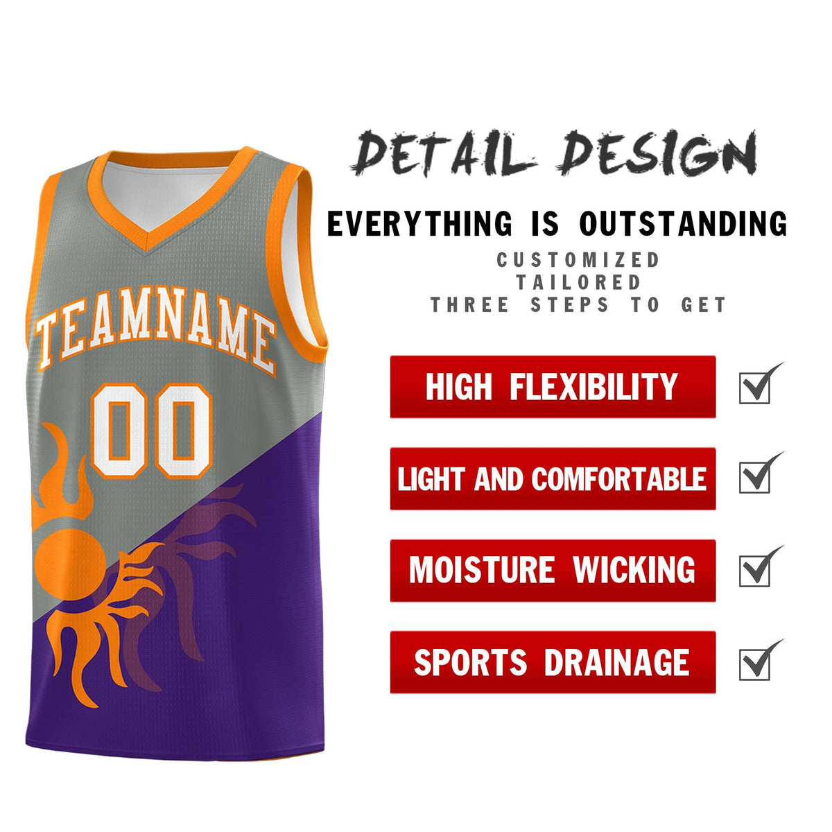 Custom Youth Basketball Jerseys - Gray Purple Sunburst Design Two Tone Uniforms